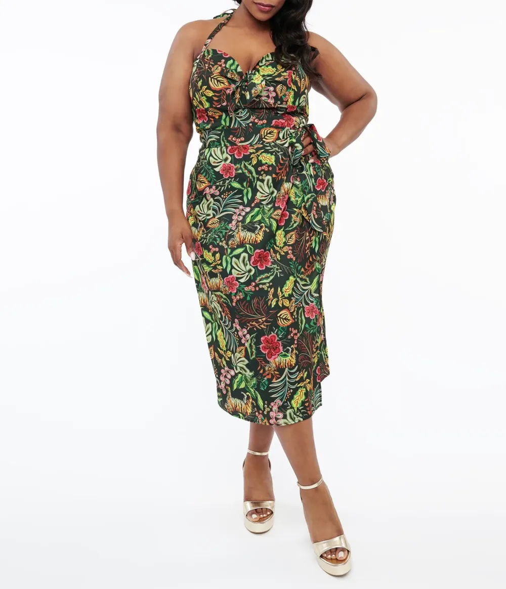 Unique Vintage Plus Size Green Jungle Cat Print Leilani Sarong Dress