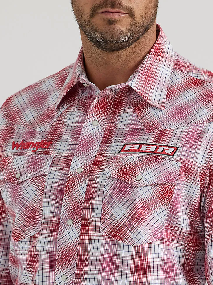 MEN'S WRANGLER® PBR® LOGO LONG SLEEVE PLAID WESTERN SNAP SHIRT IN RED TAN