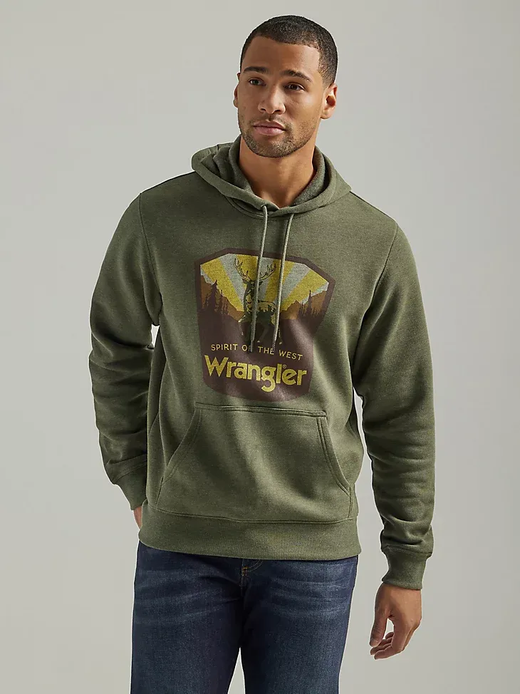 MEN'S WRANGLER FRONT ANIMAL LOGO PULLOVER HOODIE IN CAVIAR HEATHER