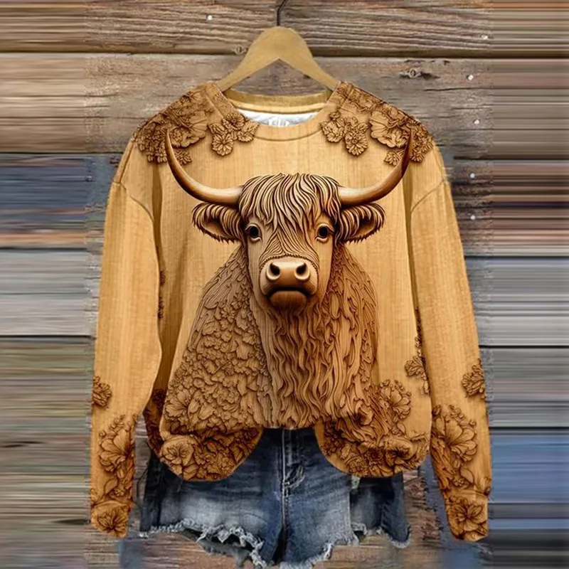 3D Highland Cow Print Long Sleeve Casual Sweatshirt