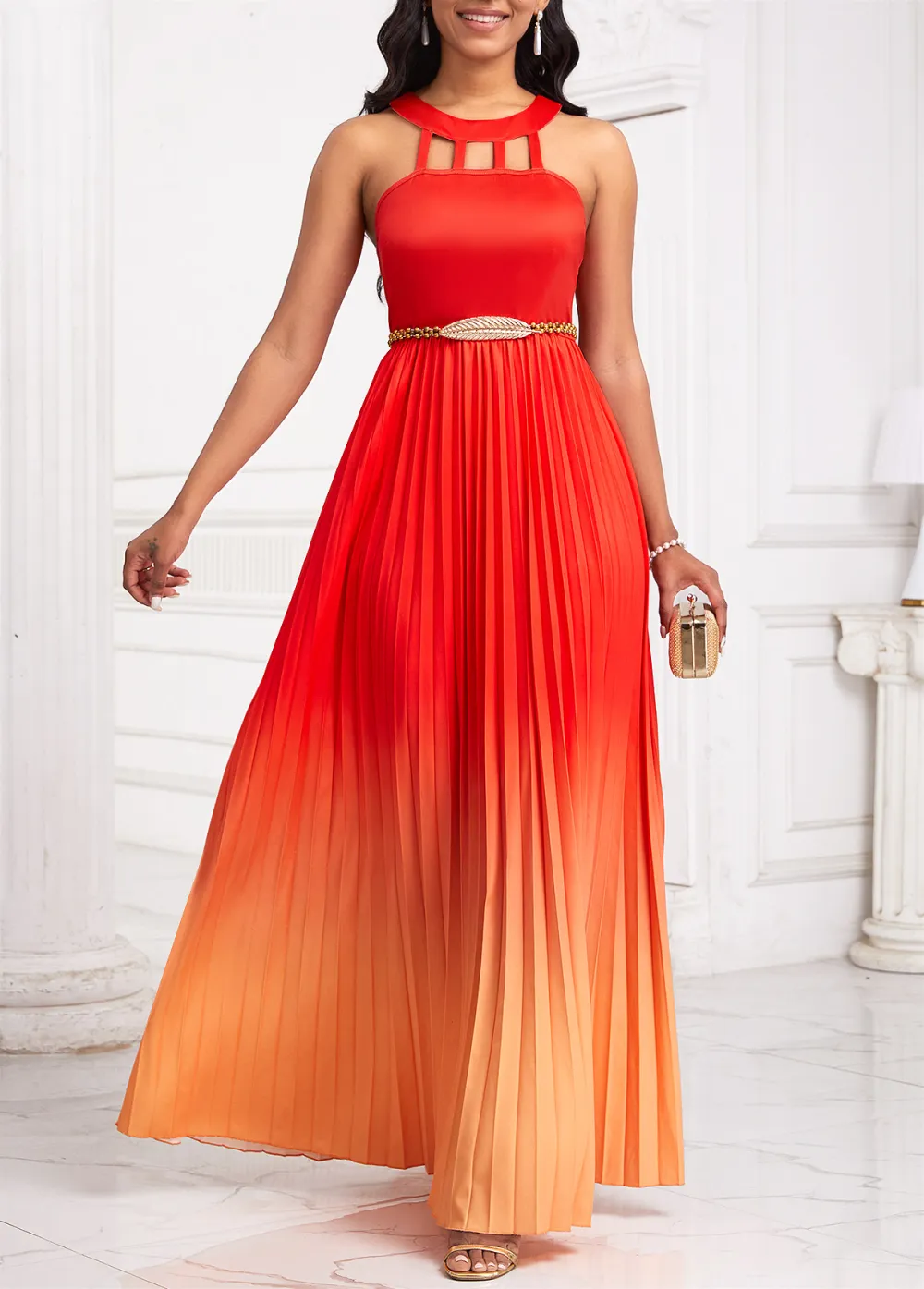 Ombre Cage Neck Orange Sleeveless Maxi Dress