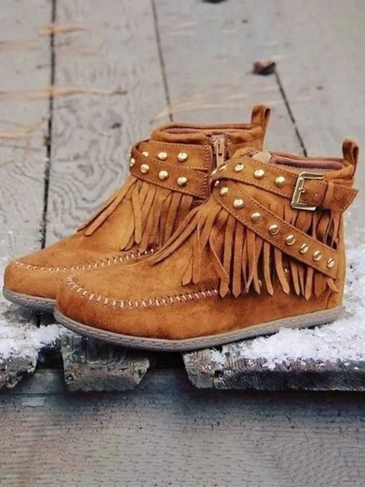 Fashion Flat Buckle Tassel Boots