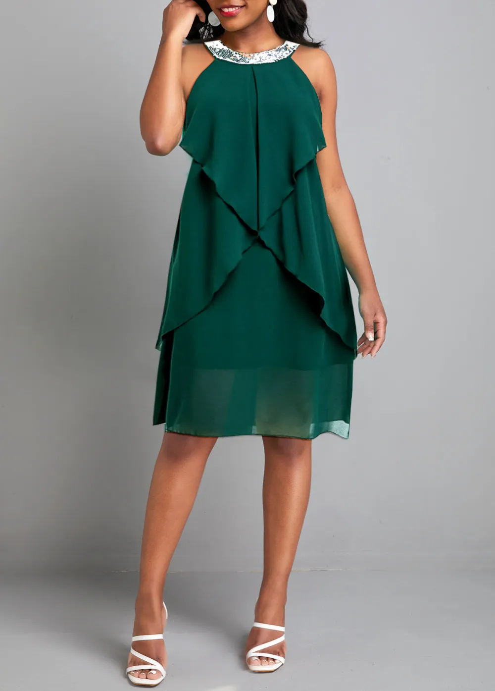 Green H Shape Round Neck Sleeveless Sequin Dress