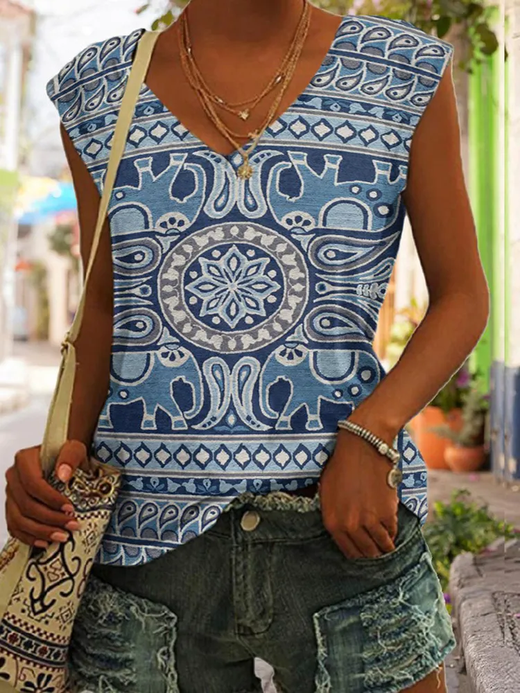 Vintage Elephant Ethnic Pattern V-Neck Tank Top