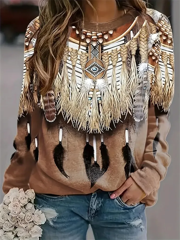 Western Ethnic Print Pullover Sweatshirt