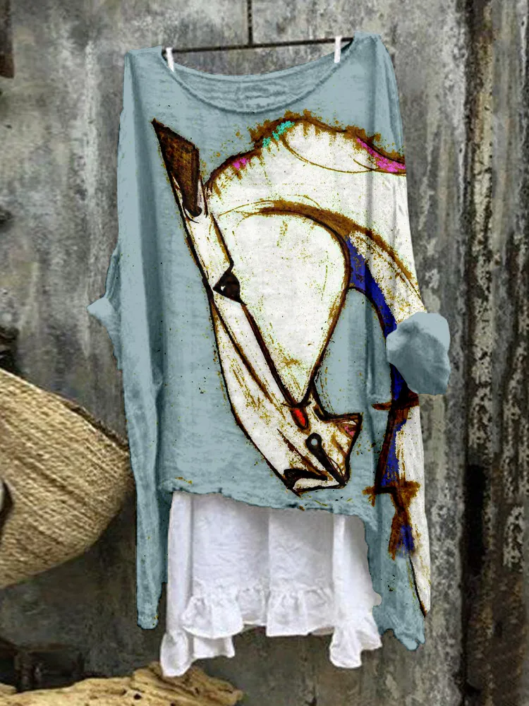 Vintage Horse Art Linen Blend Flowy Tunic