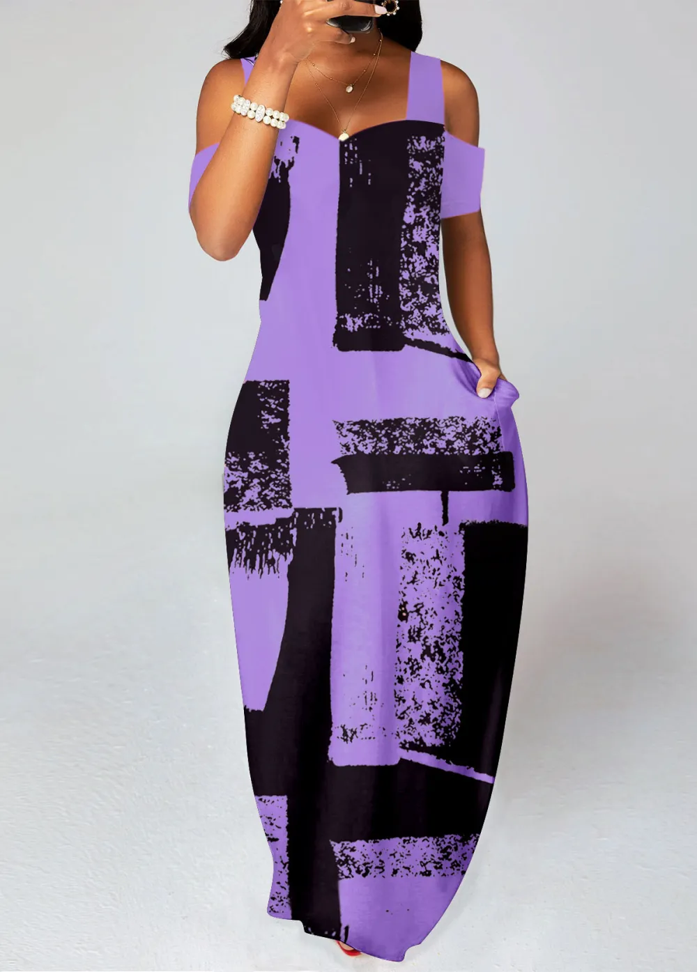 Graffiti Print Pocket Pink O Shape Maxi Dress