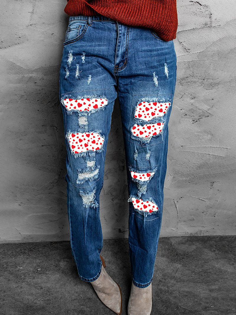 Women's Retro Distressed Heart Print Jeans