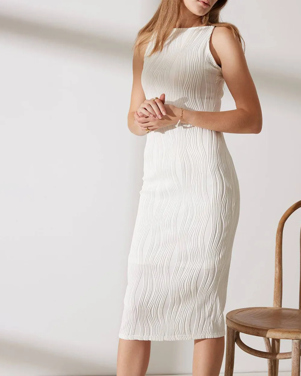 White Vertical Ripple Midi Dress