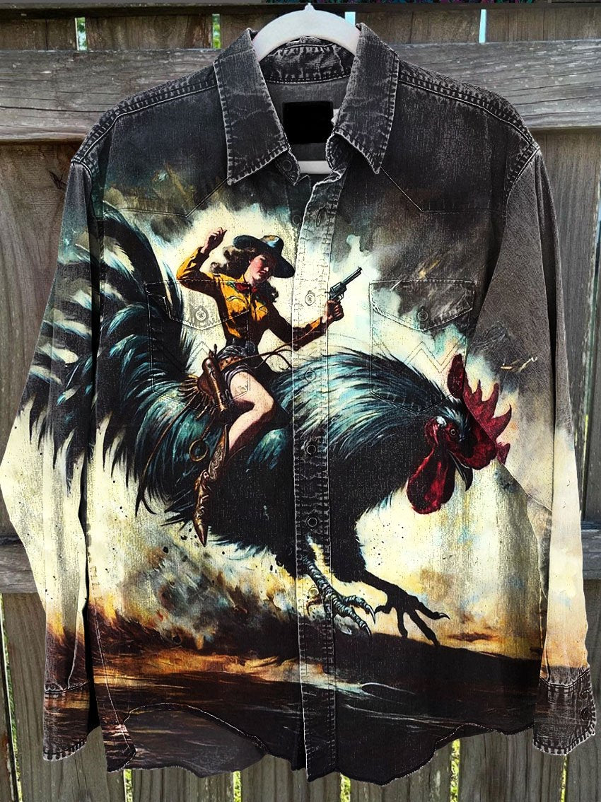 Vintage Wild West Cowgirl Rooster Print 100% Cotton Casual Denim Jacket