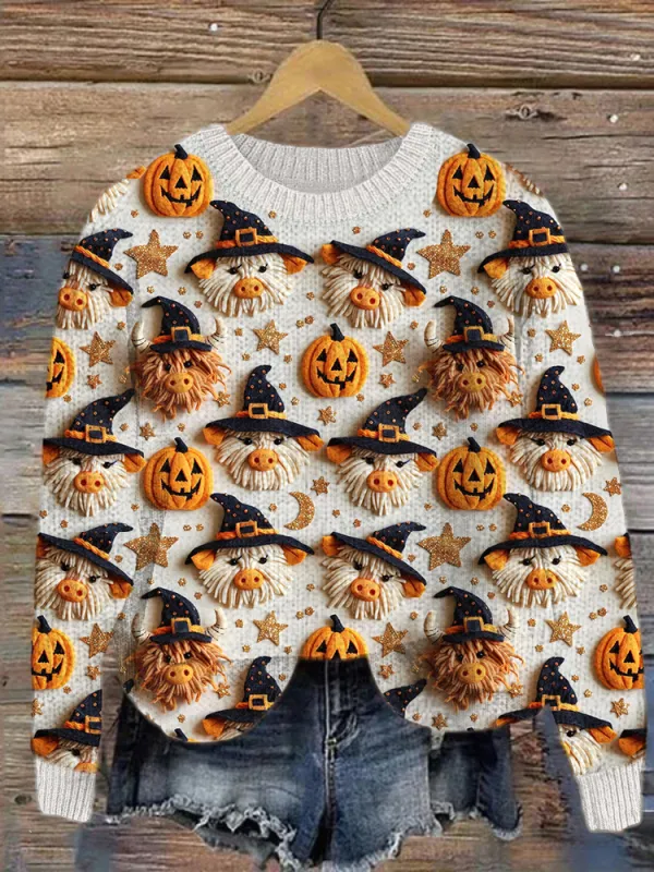 Halloween Highland Cow Pumpkin Pattern Knit Sweater