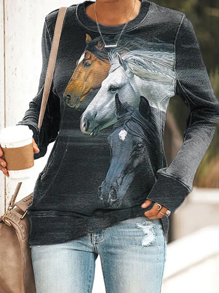 Western Horse Print Round Neck Casual Sweatshirt