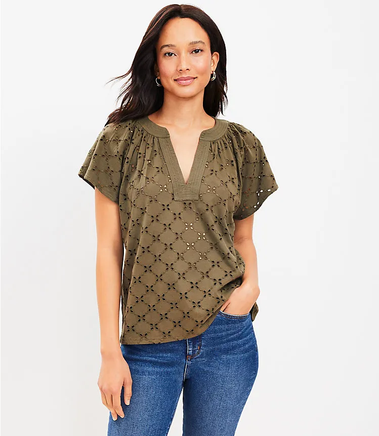 Eyelet Split Neck Top