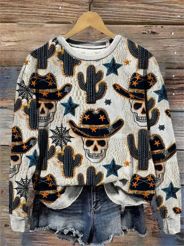 Western Cowboy Skull Pattern Long Sleeve Sweatshirt