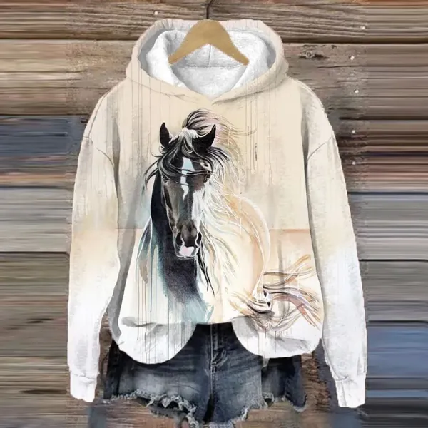 Western Horse Print Casual Long Sleeve Hoodie