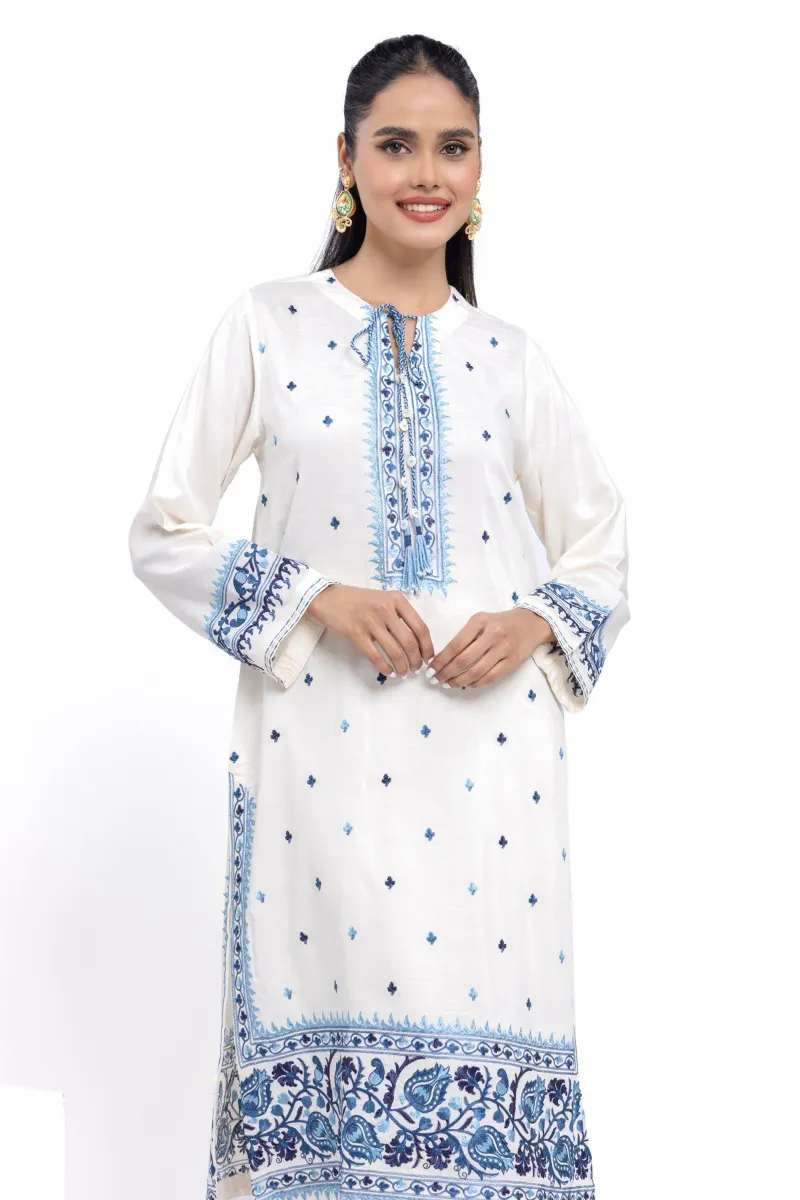 2 Piece Kurta | Embroidered & Pants | White and blue