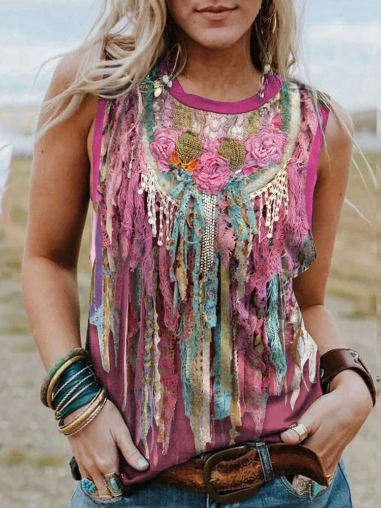 Western Fringed Print Crew Neck Sleeveless Casual Tank Top