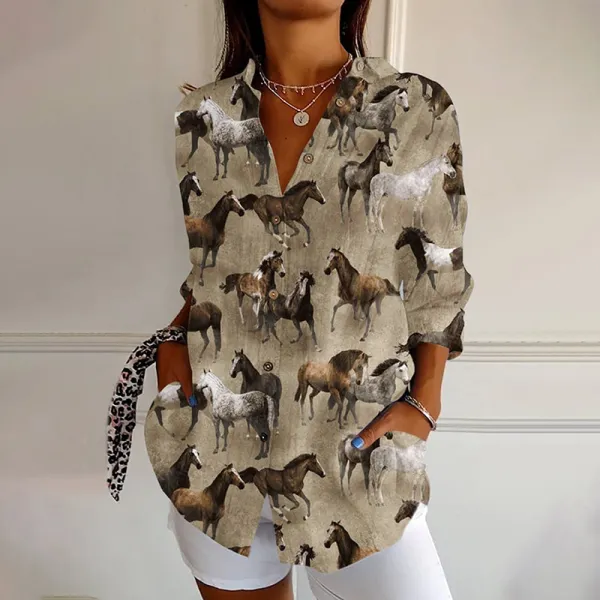 Vintage Western Horse Print Casual Shirt