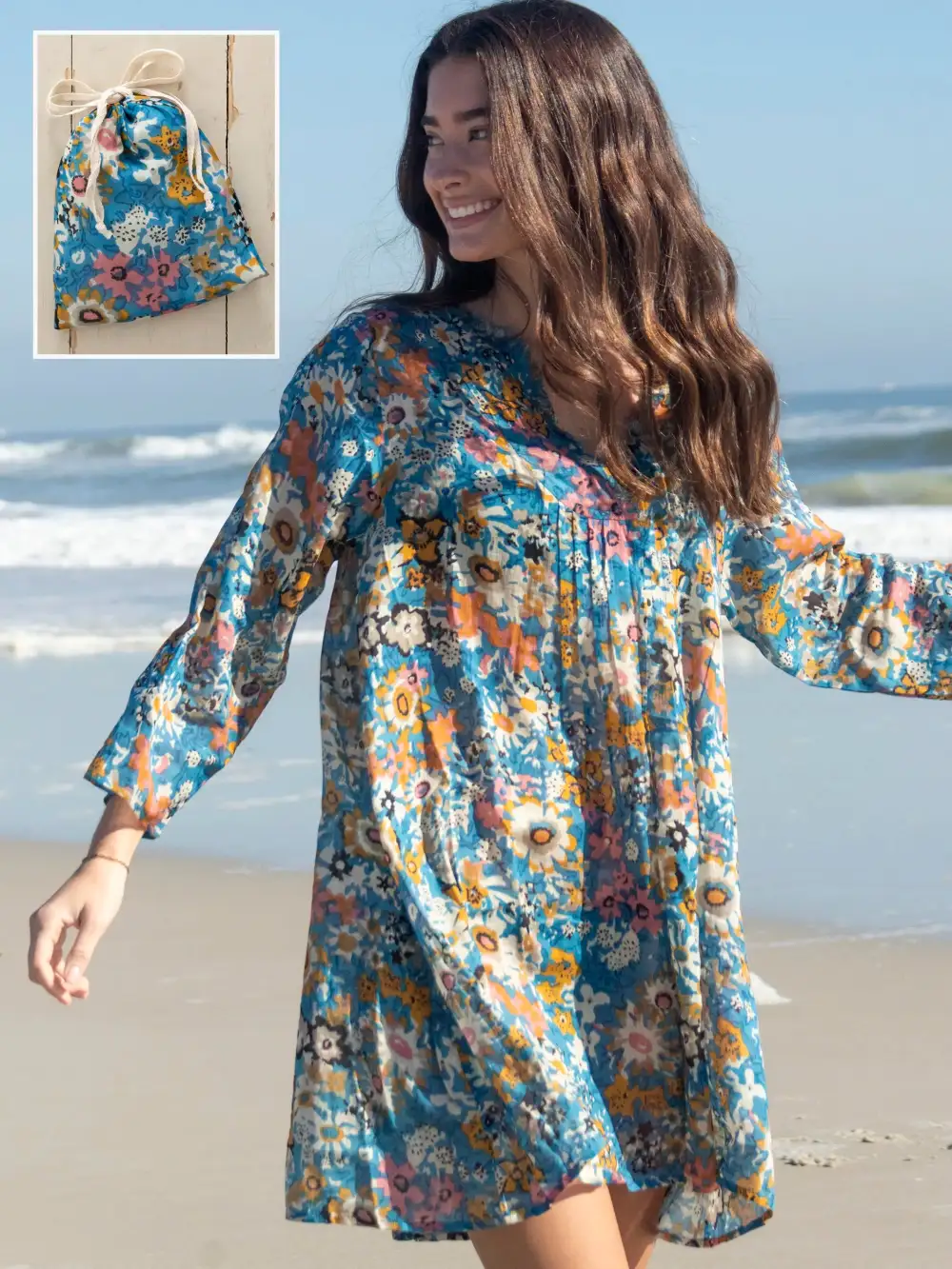 Cotton Cover-Up-In-A-Bag - Blue Tan Floral