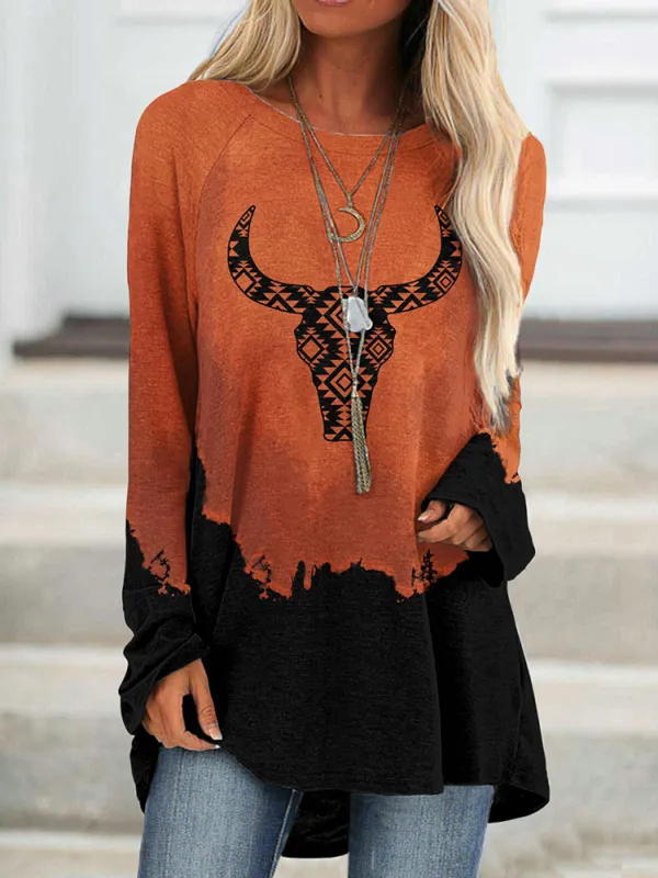 Western Print Crew Neck Long Sleeve Tunic