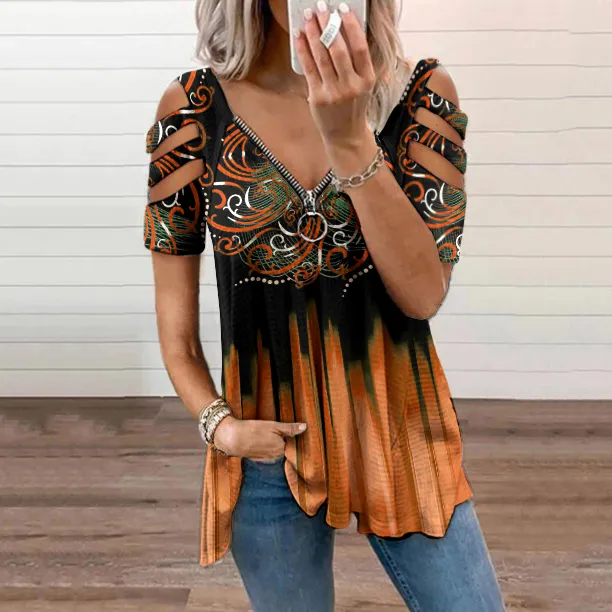 Printed V-Neck Off-The-Shoulder T-Shirt