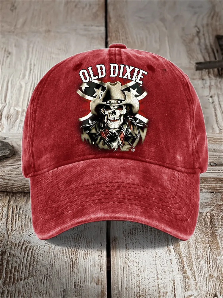 Men's Old Dixie Cowboy Skull Rebel Flag Washed Cap