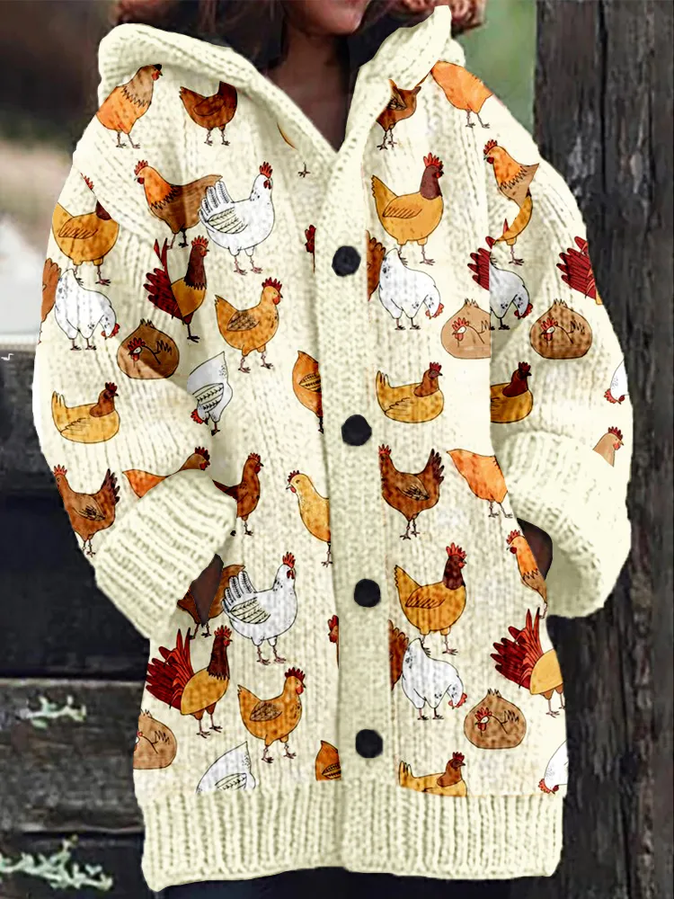 Vintage Chicken Graphic Cozy Knit Hooded Cardigan