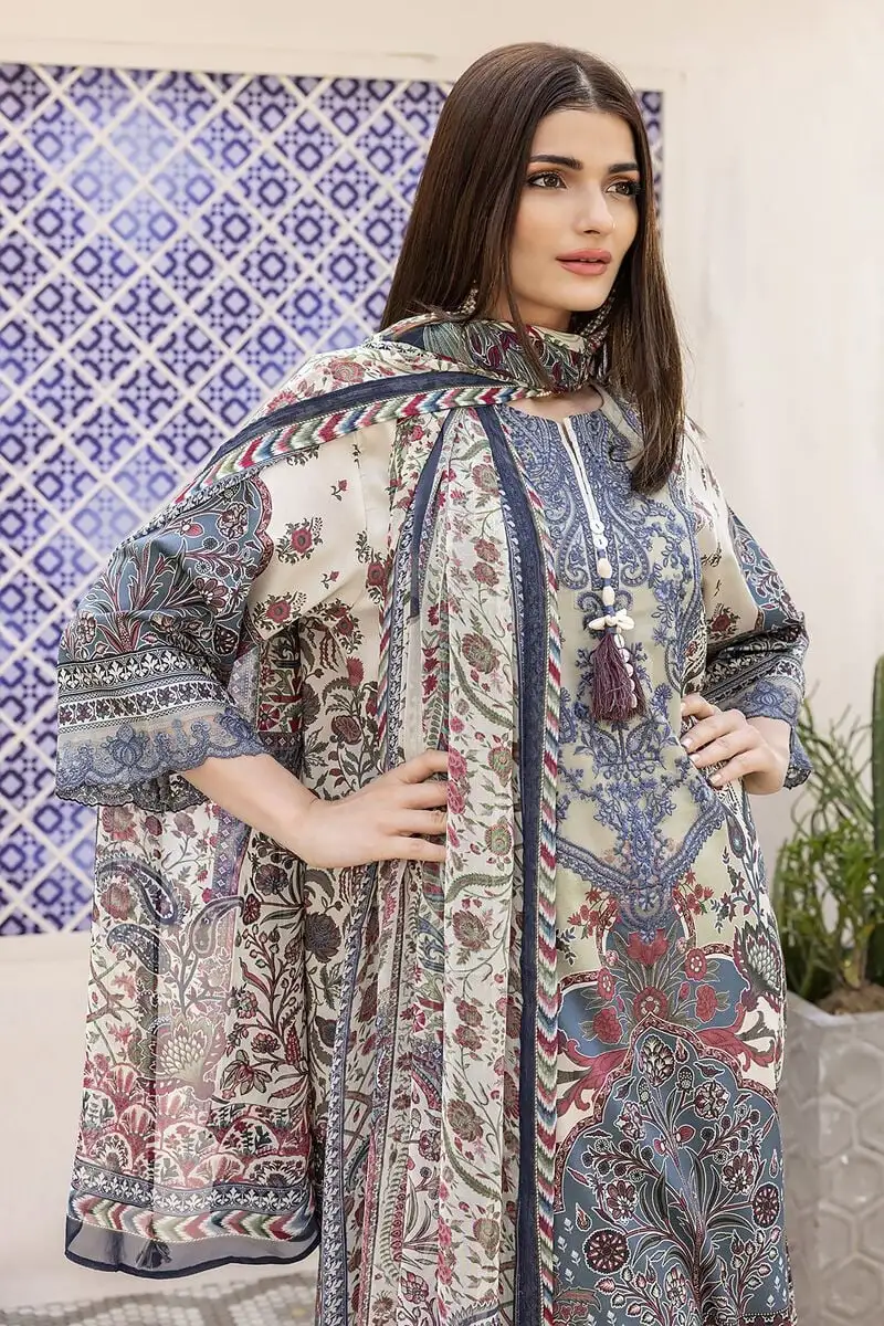 3 Piece Kurta Embroidered | Dupatta& Bottom & Tops | Color gray blue