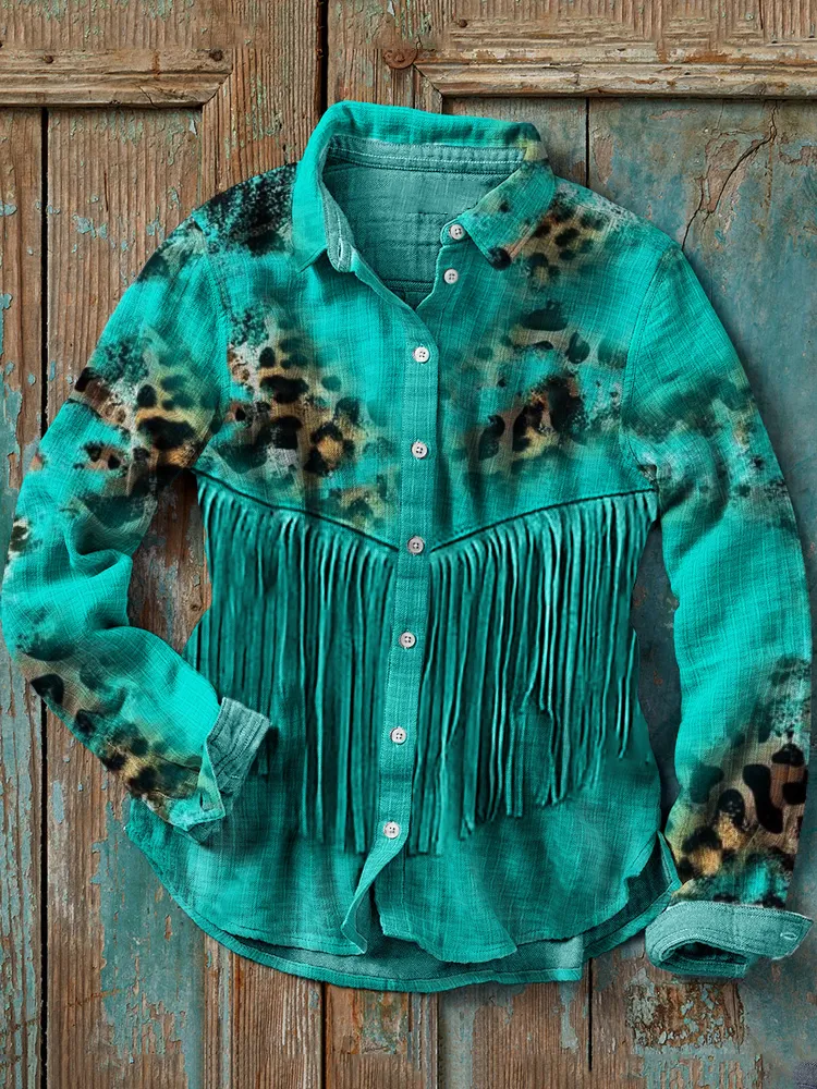 Leopard Cowhide Turquoise Fringe Casual Blouse