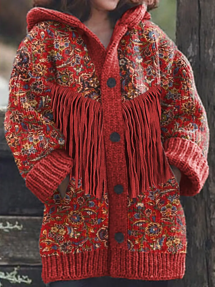 Vintage Ethnic Pattern Fringe Knit Hooded Cardigan