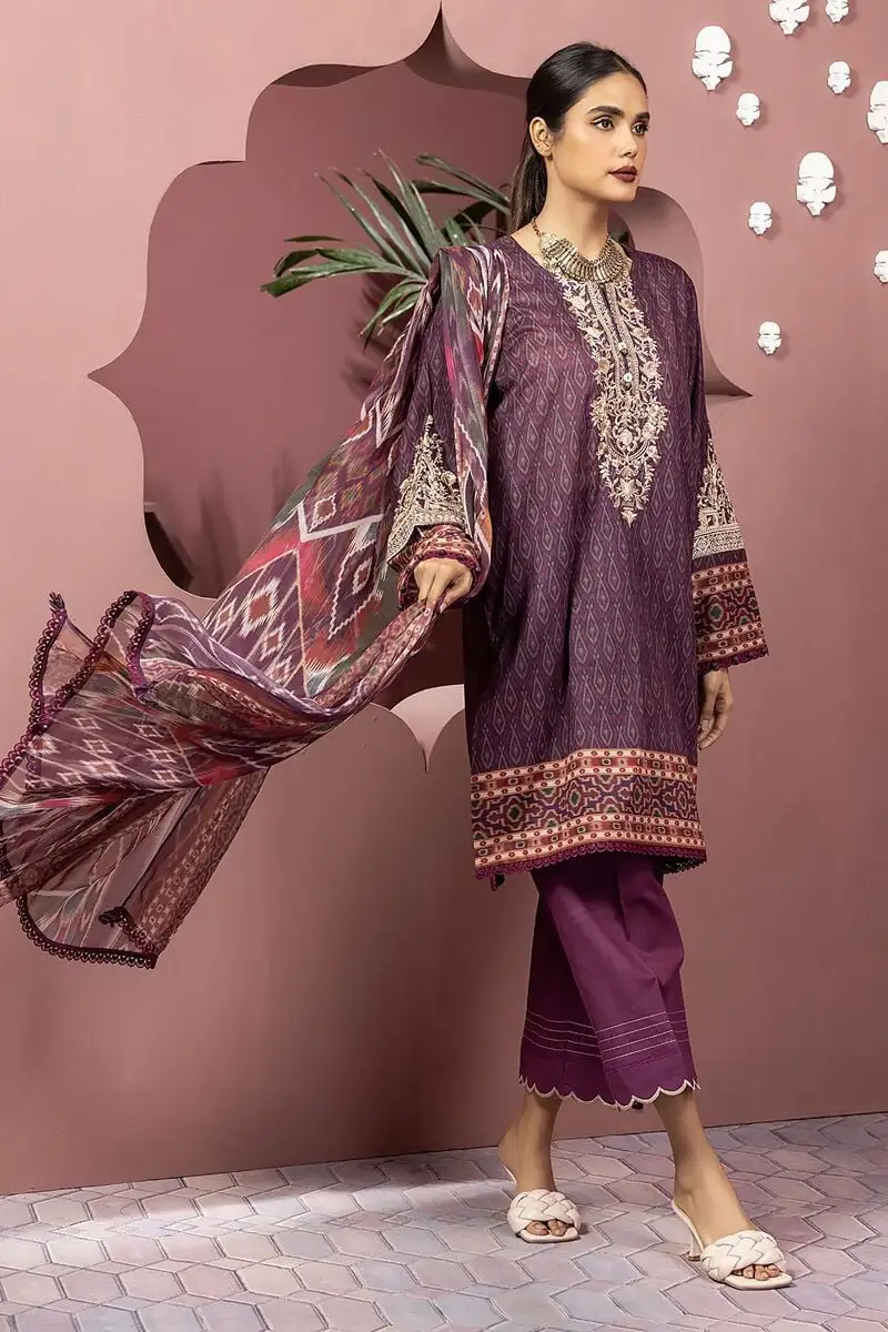 3 Piece Kurta Embroidered | Dupatta& Bottom & Tops | Color gray purple