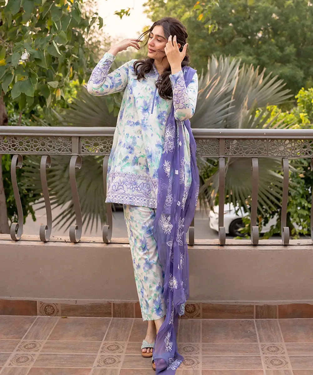 3 Piece - Embroidered Cotton Satin Suit