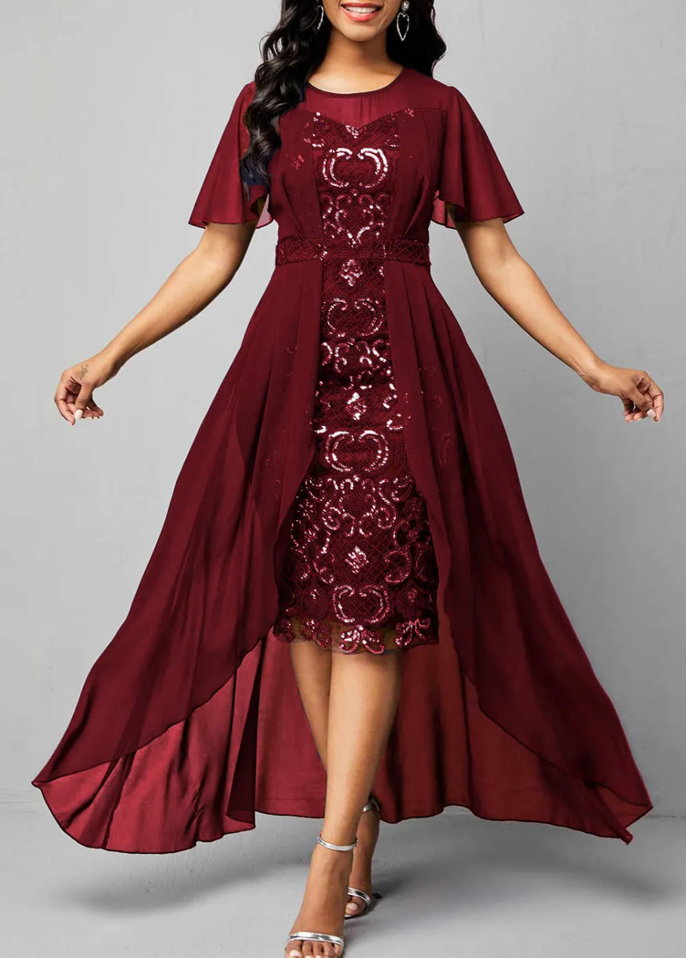 Sequin Embroidered Chiffon Round Neck Dress