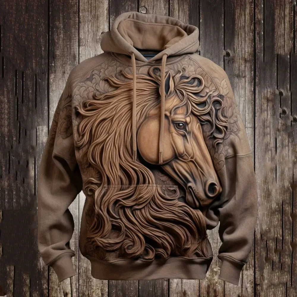 Vintage Western Horse Print Casual Long Sleeve Hoodie