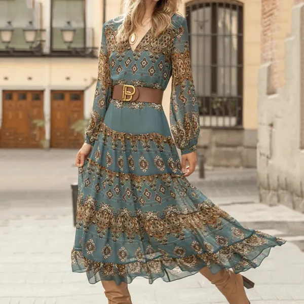 Baroque Print V-Neck Long Sleeved Midi Dress