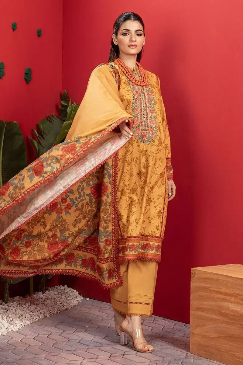 3 Piece Kurta Embroidered | Dupatta& Bottom & Tops | Color yellow