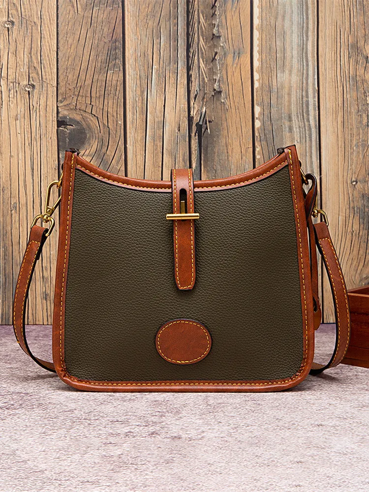 Retro Western Style Contrast Leather Shoulder Bag