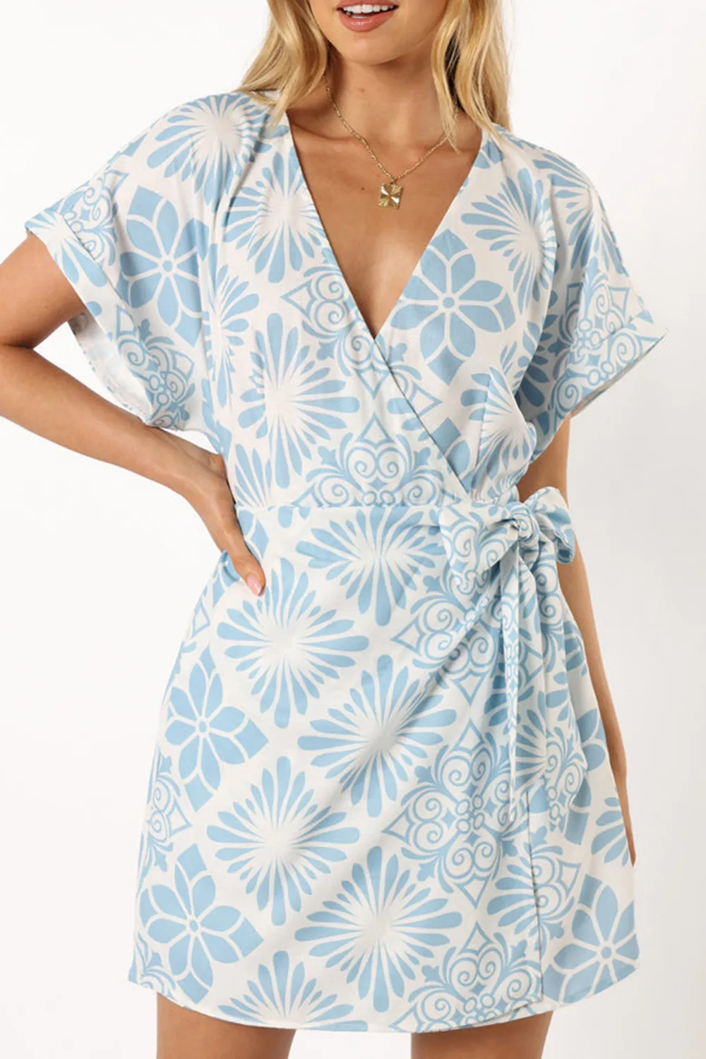 ANESSA WRAP MINI DRESS - BLUE PRINT