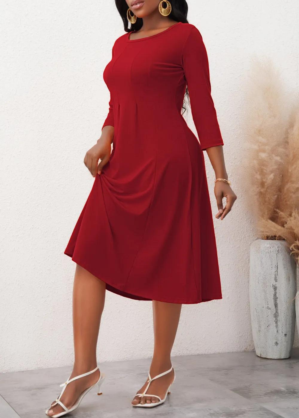 3/4 Sleeve Wine Red Round Neck Dress