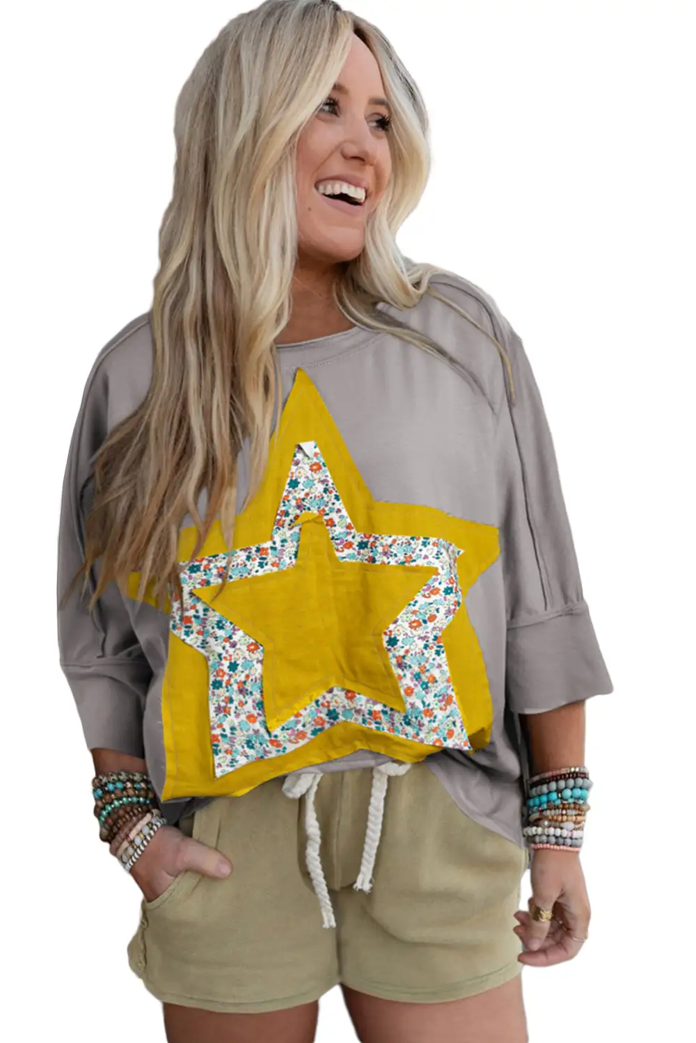 Medium Grey Floral Star Patched 3/4 Sleeve Plus Size Top