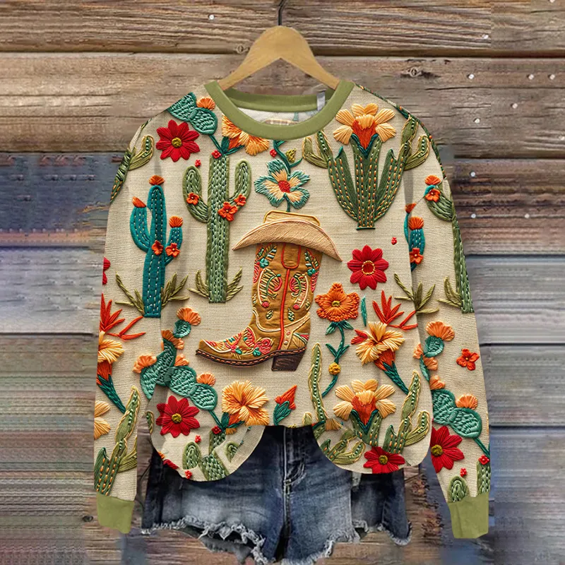 Vintage Western Embroidery Boots and Floral Art Printed Casual Sweatshirt