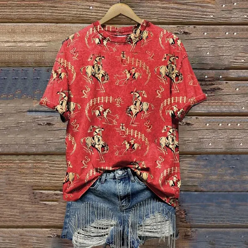 Women's Red Cowboy Vintage Print Casual T-Shirt