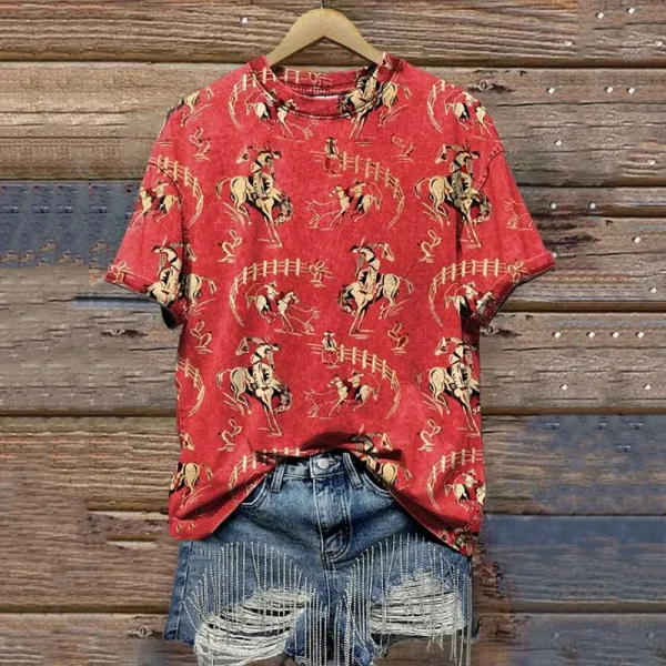 Women's Red Cowboy Vintage Print Casual T-Shirt