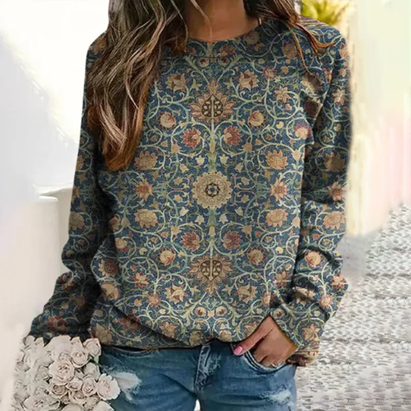 Vintage Long Sleeve Crew Neck Ethnic Print Sweatshirt