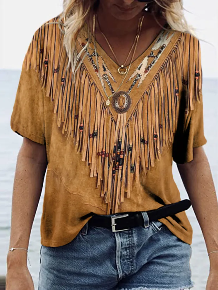 Women's Vintage Tassels Art V Neck Casual T-Shirt