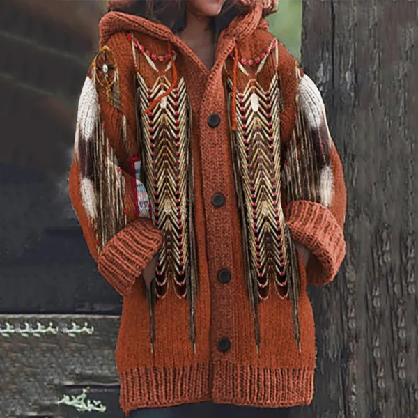 Vintage Western Print Knitted Hooded Cardigan