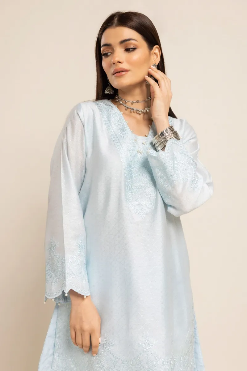 2 Piece Kurta | Embroidered & Pants | Light Blue