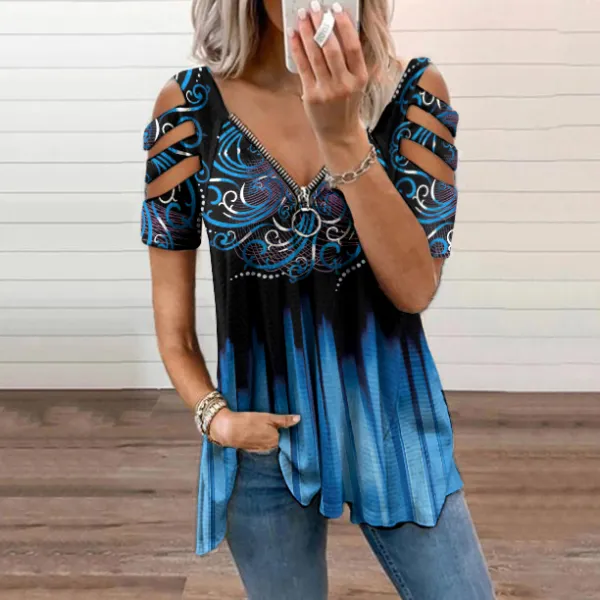 Printed V-Neck Off-The-Shoulder T-Shirt