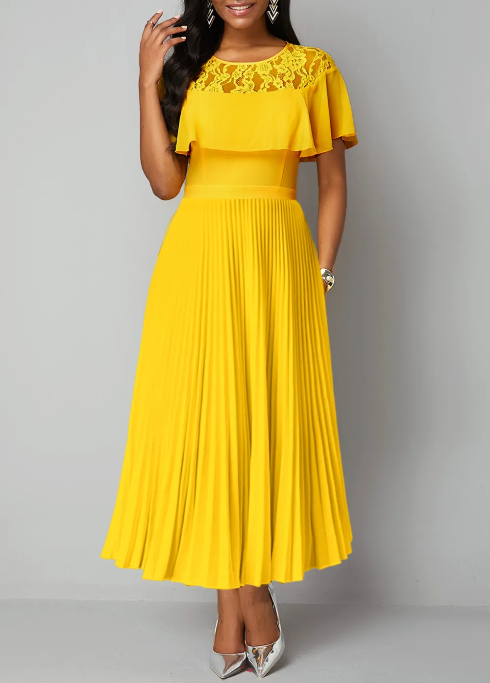 Round Neck Lace Yellow Short Sleeve Maxi Dress