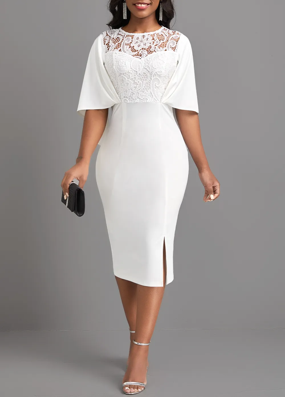 White Half Sleeve Lace Bodycon Dress